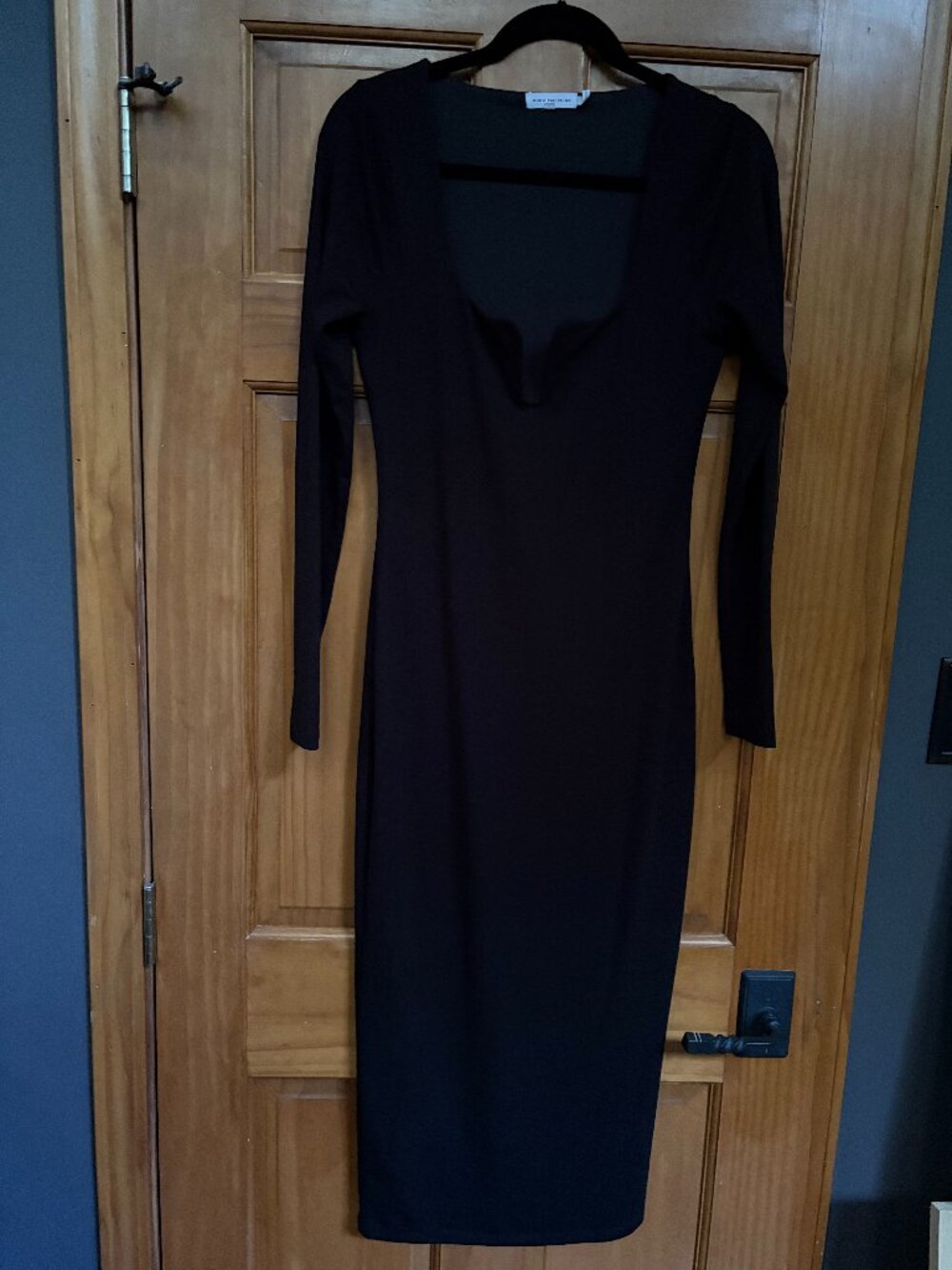 Good American Black Long Sleeve Notch Square Neck Bodycon Midi Dress Size 2 M